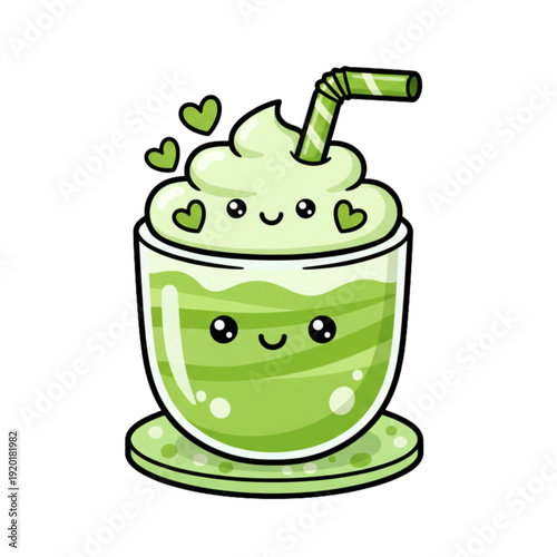 A hilarious vector illustration set depicting a green tea smoothie drink, enjoying a healthy breakfast with a teapot, cup, and fresh apple.