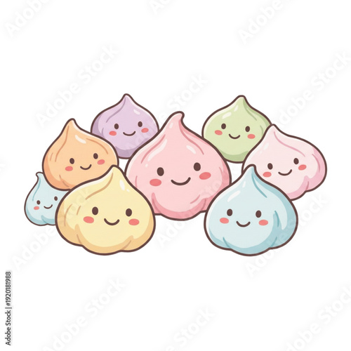 A hilarious vector illustration set of steamed buns enjoying a healthy breakfast with a teapot of green tea, a cup, and a fresh apple.