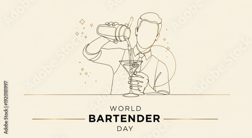 Bartender pouring drink on world bartender day with elegant line art style
