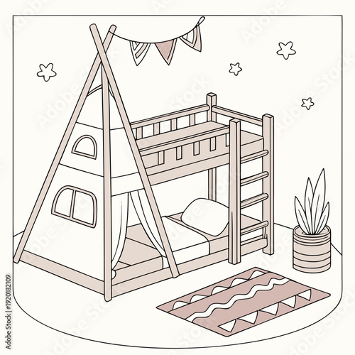 Cozy Kids Room with Bunk Bed and Teepee Tent Illustration.