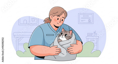 Veterinarian gently holding and swaddling a cat in a clinic setting with care