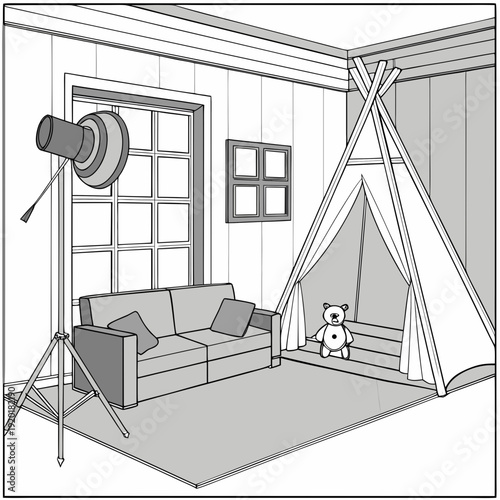 Cozy Room Interior with Tent and Sofa Illustration.