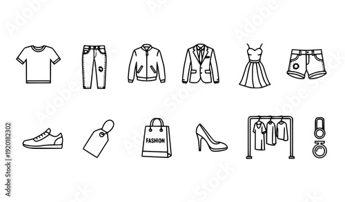 Fashion Outline Icons Vector Set with T Shirt Jeans Jacket Dress and Shoe Symbols