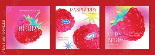 Abstract colorful  fruit card background set. Minimalist poster with raspberry . Modern summer and spring wallpaper design for drink menu, promotion, beverages, ads.