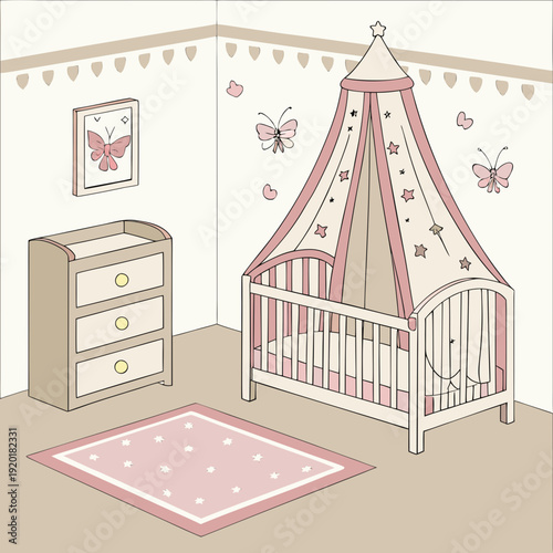 Elegant Baby Girl Nursery Interior Design Illustration.