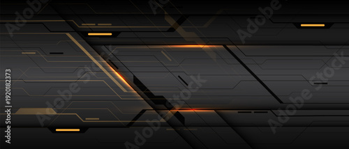 Abstract black cyber line circuit yellow light power geometric dynamic on dark metallic technology futuristic background vector
