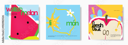 Abstract colorful  fruit card background set. Minimalist poster with pineapple, orange, watermelon. Modern summer and spring wallpaper design for drink menu, promotion, beverages, ads.