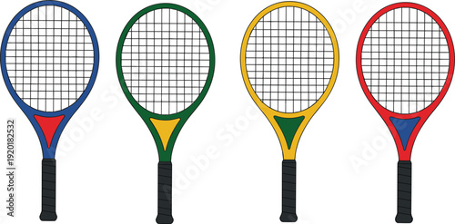 Colorful tennis rackets vector illustration set isolated on background featuring different designs for sports equipment fitness training recreation and professional game concepts