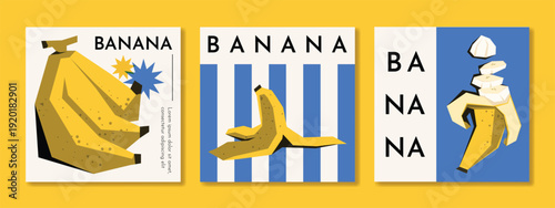 Abstract colorful  fruit card background set. Minimalist poster with banana. Modern summer and spring wallpaper design for drink menu, promotion, beverages, ads.