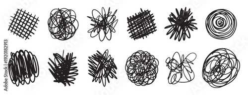 Tangled scribble texture set. Chaotic line doodle collection. Abstract knot patterns for creative design