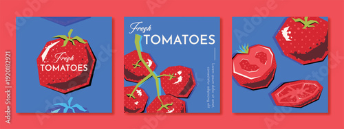 Abstract colorful  fruit card background set. Minimalist poster with tomato. Modern summer and spring wallpaper design for drink menu, promotion, beverages, ads.