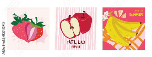 Abstract colorful  fruit card background set. Minimalist poster with apple. Modern summer and spring wallpaper design for drink menu, promotion, beverages, ads.