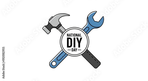 National diy day logo with crossed hammer and wrench on white background symbolizing self sufficiency and home repair