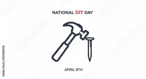 National diy day illustration with hammer and nail on white background april 8th