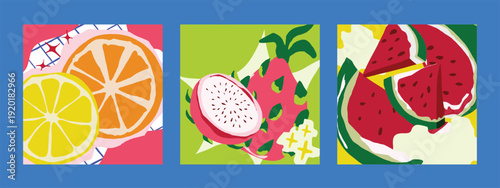 Abstract colorful  fruit card background set. Minimalist poster with dragon fruit ,orange, watermelon. Modern summer and spring wallpaper design for drink menu, promotion, beverages, ads.