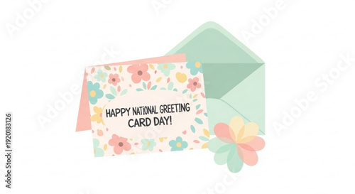 Floral greeting card with envelope and flowers celebrating national greeting card day with colorful design