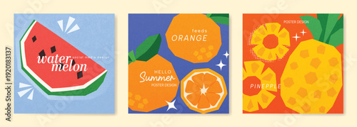 Abstract colorful  fruit card background set. Minimalist poster with pineapple, orange, watermelon. Modern summer and spring wallpaper design for drink menu, promotion, beverages, ads.