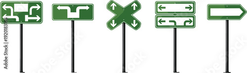 Green road direction signs set with arrows showing traffic guidance navigation choices and route information isolated on white background vector illustration