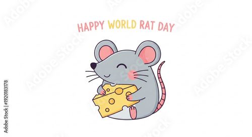 Smiling cartoon rat holding cheese happy world rat day celebration with cute rodent and yellow cheese slice on white background