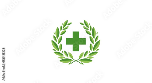 Green cross symbol surrounded by laurel wreath on white background representing health and wellness