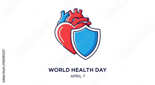 World health day logo with heart shield on white background symbolizing protection and wellness on april 7