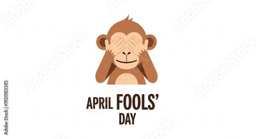 Playful monkey covering face on april fools' day with text
