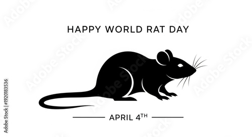 Black silhouette rat icon with happy world rat day text on white background april 4th celebration symbol
