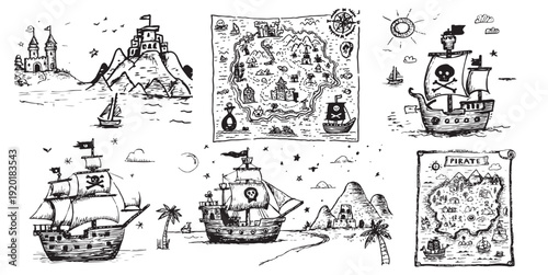 Pirate-themed illustrations featuring ships, maps, and islands in black and white
