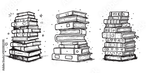 Stacked books illustration with various designs and patterns on covers