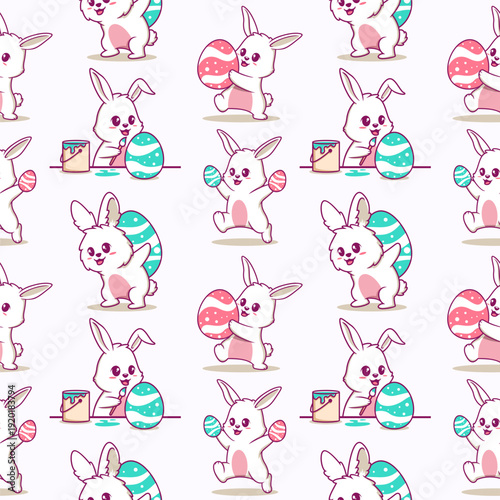 Easter Bunny Seamless Pattern with Painted Eggs