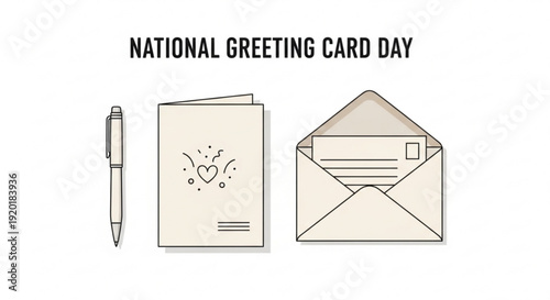 National greeting card day illustration with pen heart decorated card and envelope on white background