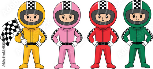 Cute Race Car Driver Cartoon Characters Set in Colorful Racing Suits Holding Checkered Flag Motorsport Mascot Vector Illustration Isolated on White Background