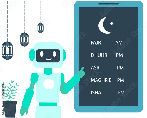 AI Robot Showing Islamic Prayer Times Mobile App Flat Vector
