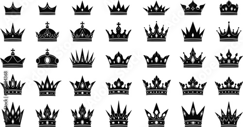 Black royal crown silhouettes collection with various ornate styles isolated on white background for luxury branding heraldic logos and design projects