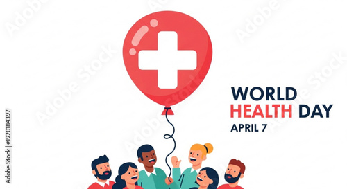 Diverse group celebrating world health day with red balloon and white cross symbol on april 7th