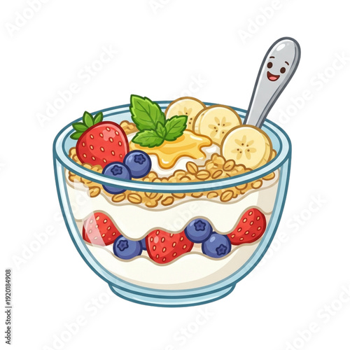 A delicious healthy breakfast bowl of fresh muesli with yogurt, strawberries, and raspberries creates a nutritious cereal dessert served with milk and red berries in a white glass