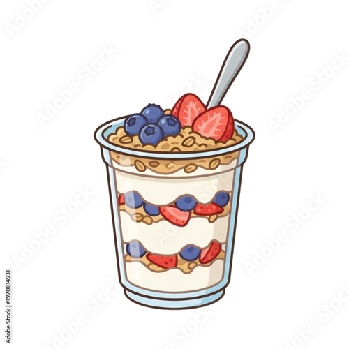 A sweet dessert of fresh berries and muesli with yogurt is served in a glass bowl alongside candy in a bucket and milk for a healthy breakfast snack