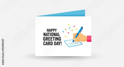 Hand writing on greeting card with happy national greeting card day text and colorful confetti