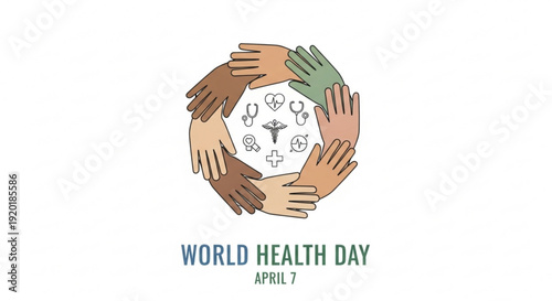 Diverse hands forming a circle around medical symbols on world health day april 7 promoting global health unity and wellness