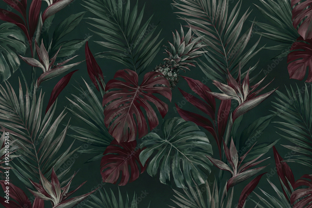 Fototapeta premium Dark Moody Tropical Foliage and Pineapple Seamless Pattern, Vintage Botanical Background
