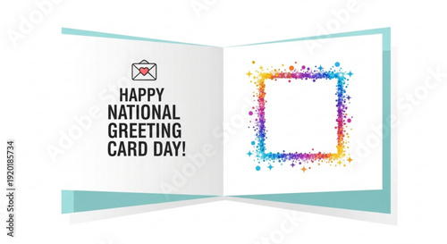 Open greeting card with happy national greeting card day text and colorful confetti design on white background
