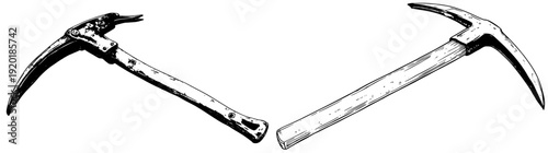 An adventurous climber's toolkit: A red ice axe and a hammer