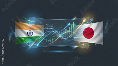 India and Japan flags intertwined with rising financial charts and graphs indicating bilateral trade and economic growth together successfully.
