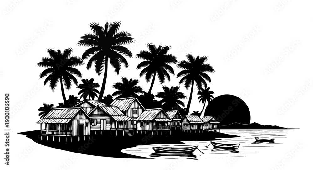 Obraz premium Tropical summer landscape illustration featuring a paradise island with palm tree silhouettes against a sunset sky over the ocean beach