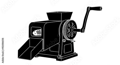 An antique collection of obsolete objects including an old fashioned sewing machine, manual coffee grinder, and vintage camera equipment featuring a classic film lens isolated on a black and white bac
