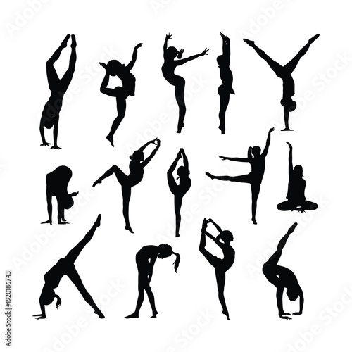 Set of various woman sports fitness exercising silhouettes