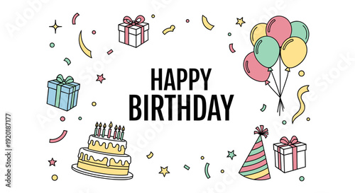 Colorful Birthday Party Celebration with Gifts, Balloons, and Cake