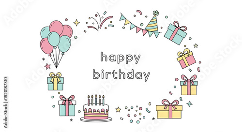 Colorful Birthday Celebration with Balloons, Presents, and Cake