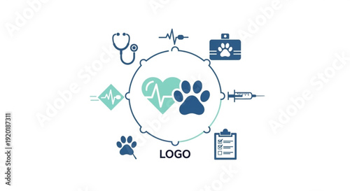 Veterinary logo with paw print heart and medical icons for pet care business branding