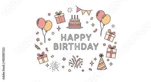 Colorful Birthday Celebration Illustration with Balloons and Cake